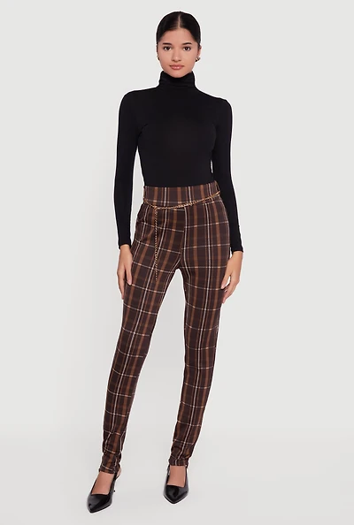 Plaid Scuba Pull On Skinny Leg Pants with Chain Belt