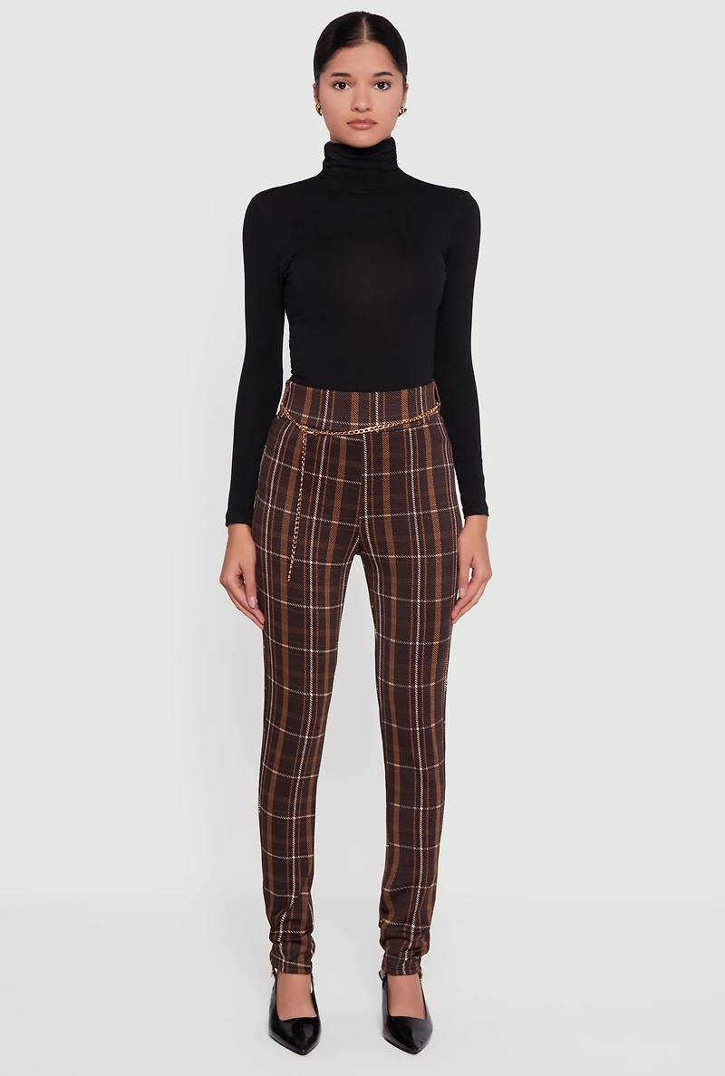 Plaid Scuba Pull On Skinny Leg Pants with Chain Belt