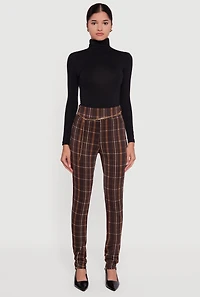 Plaid Scuba Pull On Skinny Leg Pants with Chain Belt