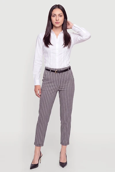 Pinstripe Slim Leg Dress Pants with Belt