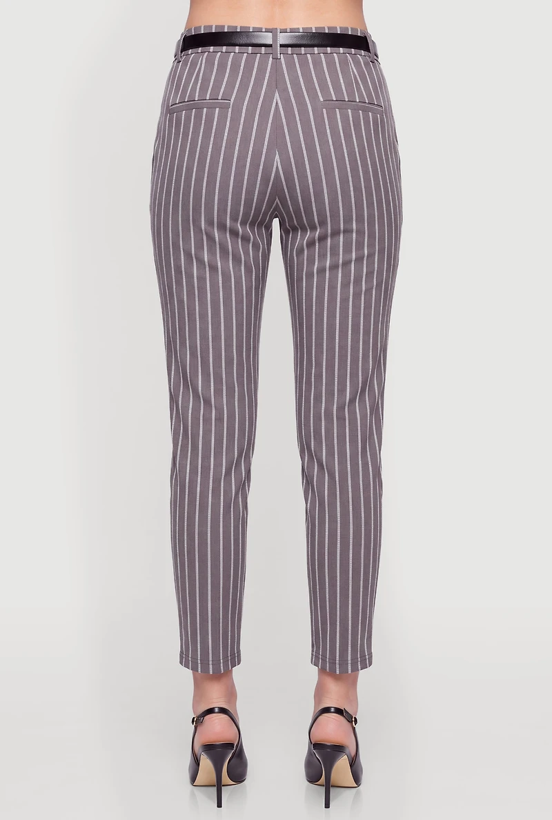 Pinstripe Slim Leg Dress Pants with Belt