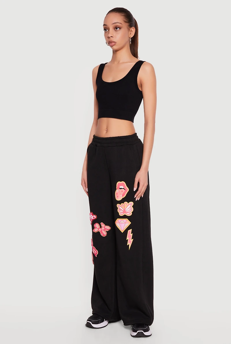 Patch Graphic Wide Leg Pull On Sweatpants