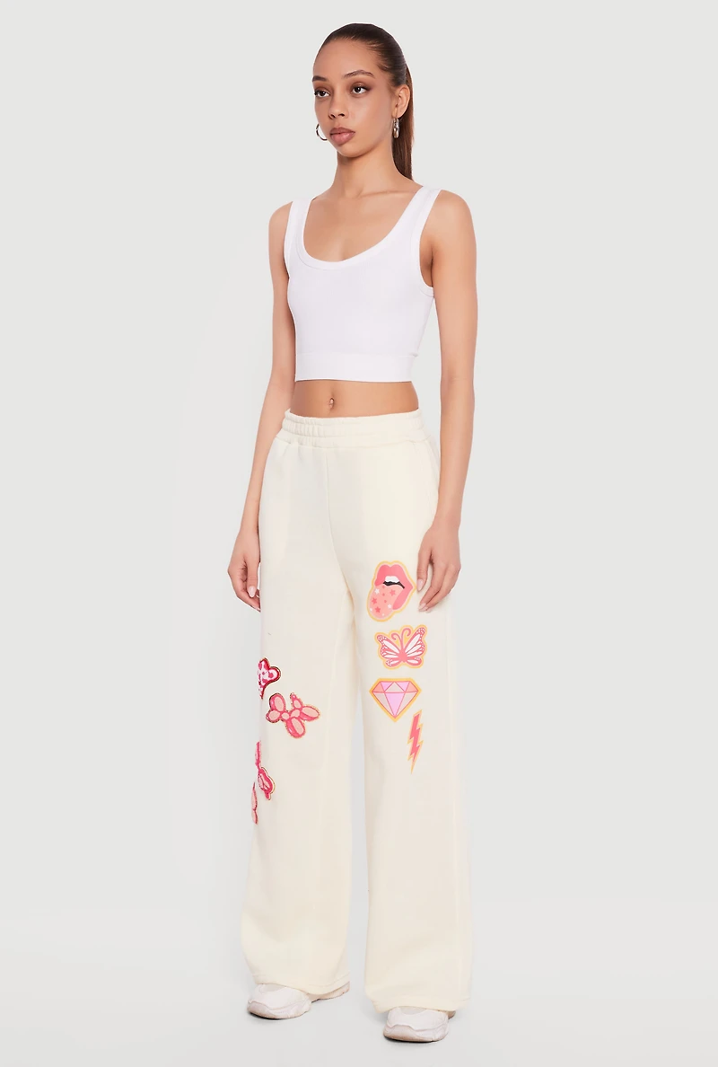 Patch Graphic Wide Leg Pull On Sweatpants