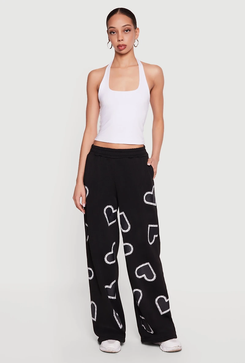 Heart Print Fleece Wide Leg Sweatpants