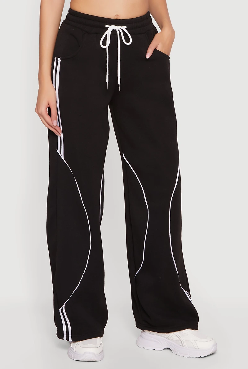 Contrast Trim Drawstring Waist Wide Leg Sweatpants