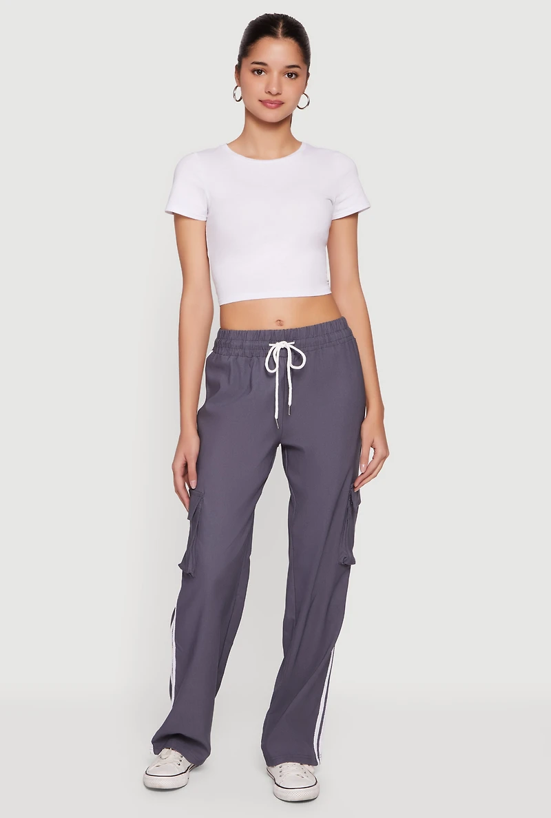 Varsity Stripe Side Drawstring Waist Cargo Track Pants