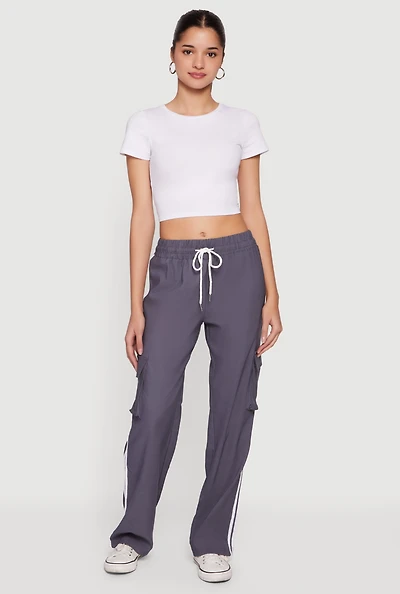Varsity Stripe Side Drawstring Waist Cargo Track Pants