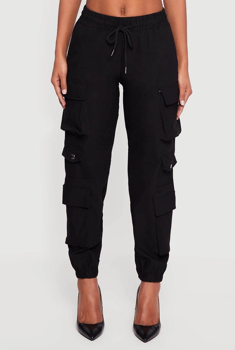 Womens Drawstring Waist Utility Joggers, Black, Size L