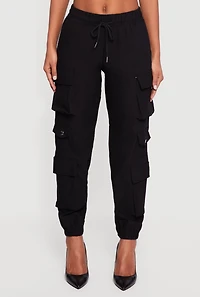 Womens Drawstring Waist Utility Joggers, Black, Size L