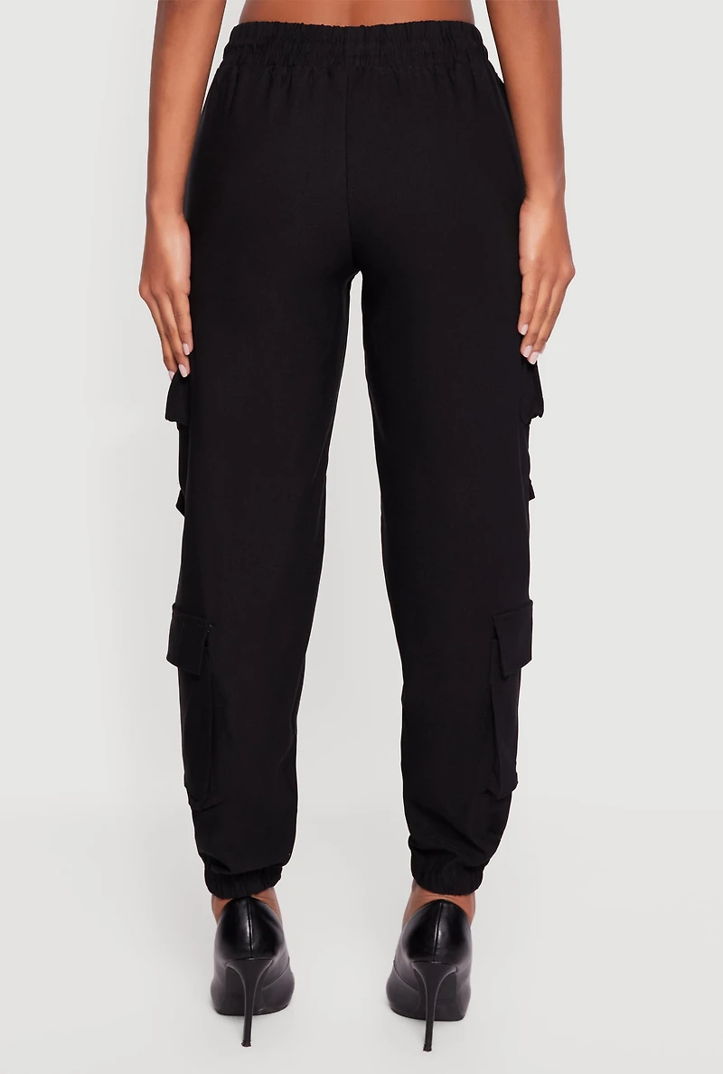 Womens Drawstring Waist Utility Joggers, Black, Size L