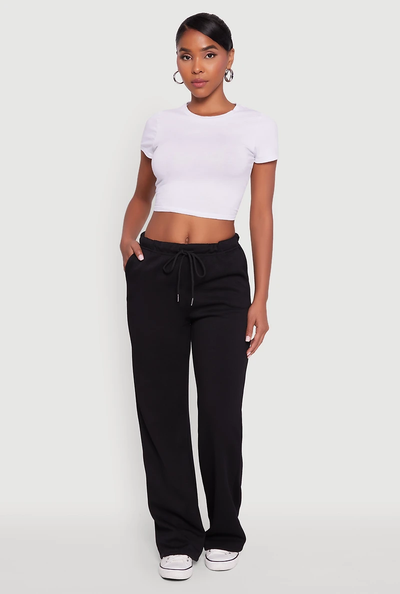 Womens Drawstring Waist Wide Leg Sweatpants, Black,