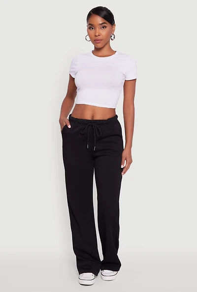 Womens Drawstring Waist Wide Leg Sweatpants, Black,