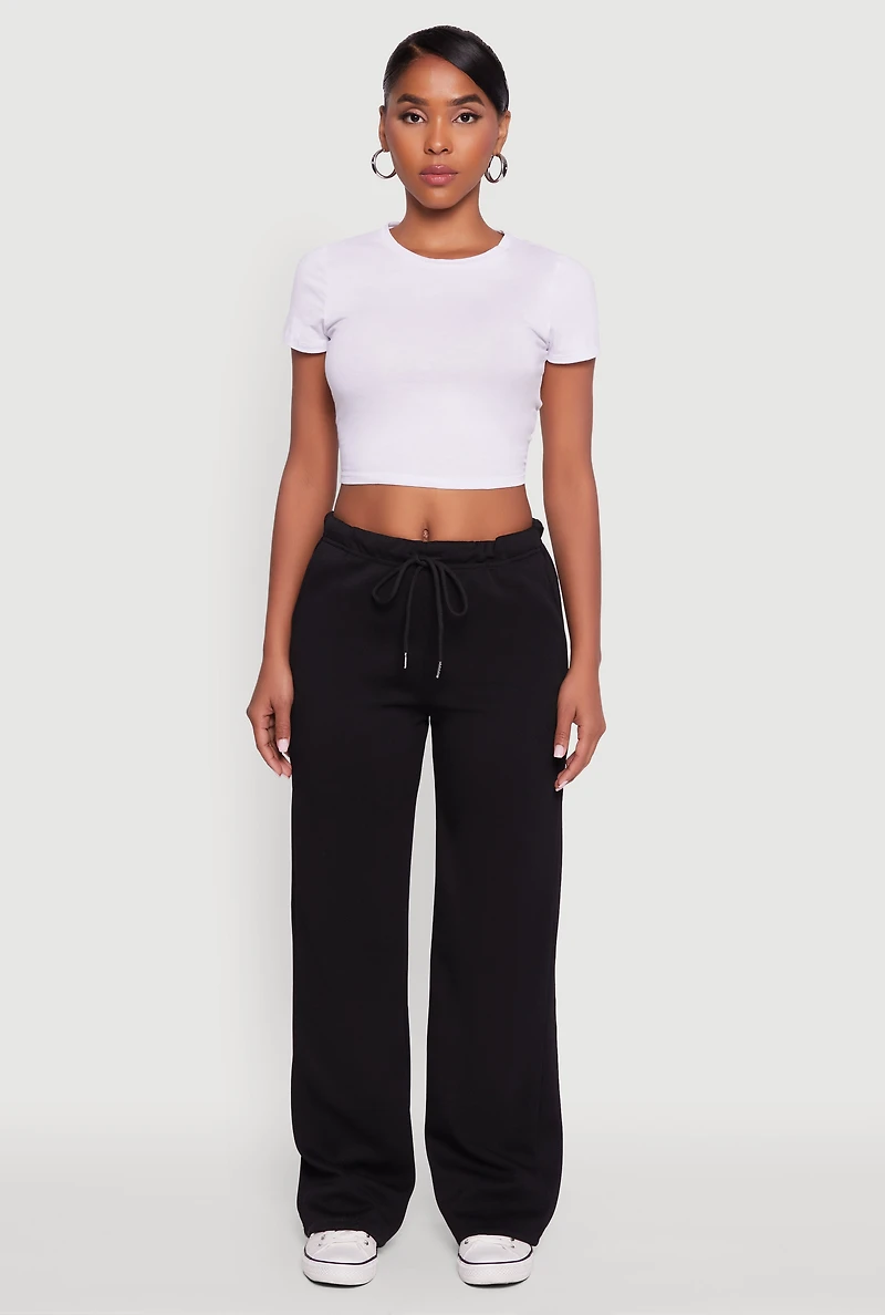 Womens Drawstring Waist Wide Leg Sweatpants, Black,