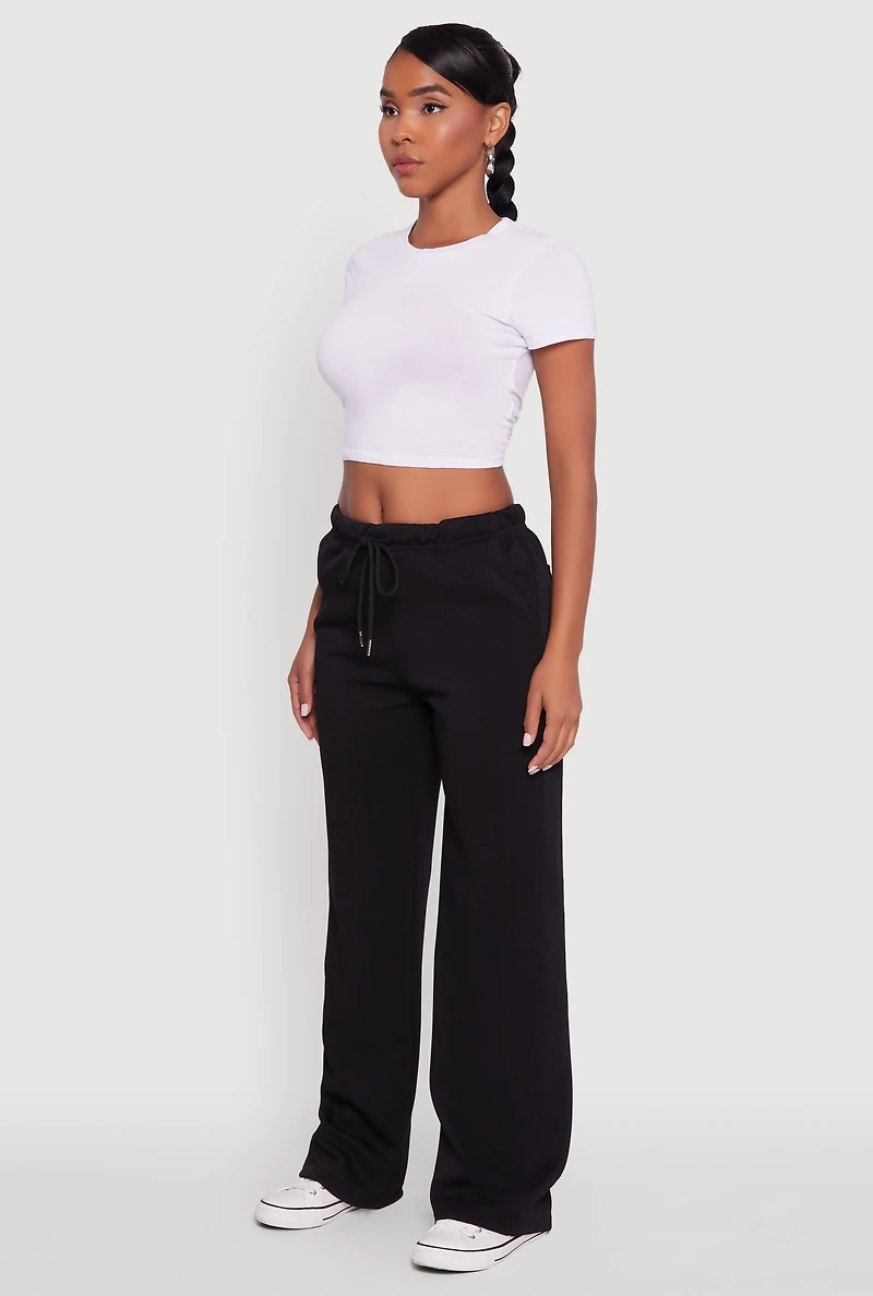 Womens Drawstring Waist Wide Leg Sweatpants, Black,