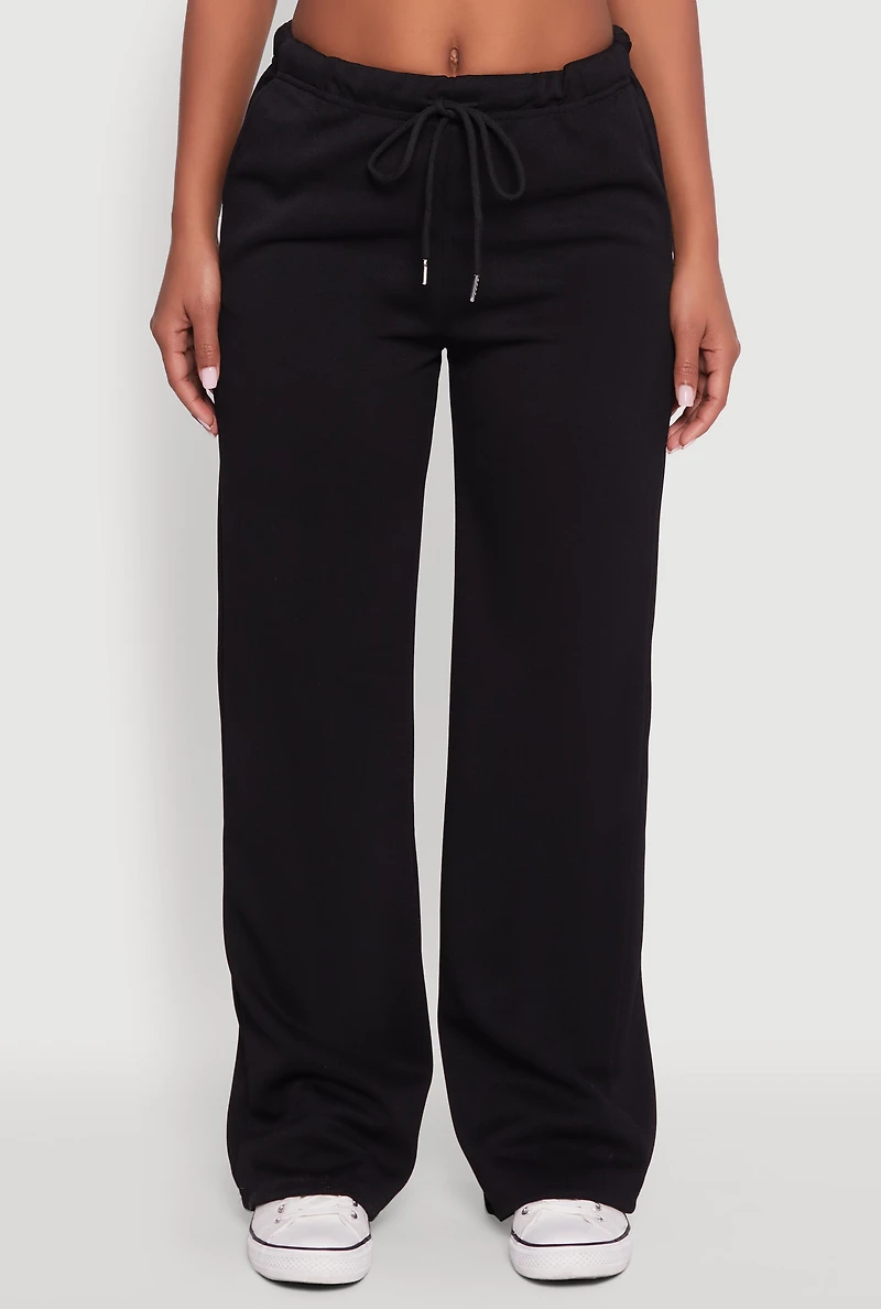 Womens Drawstring Waist Wide Leg Sweatpants, Black,