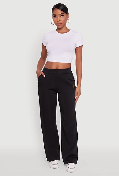 Womens Fleece Lined Metallic Patch Wide Leg Pants, Black,