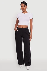 Womens Fleece Lined Metallic Patch Wide Leg Pants, Black,