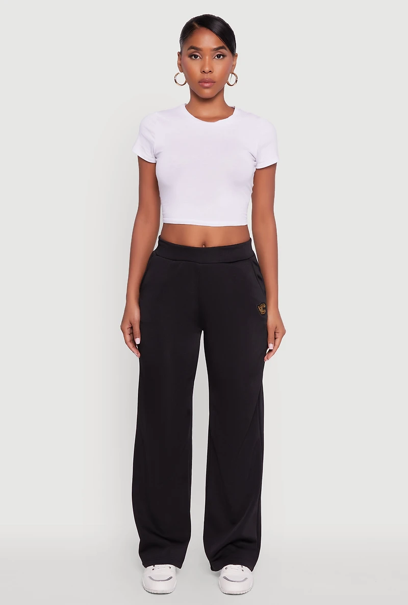 Womens Fleece Lined Metallic Patch Wide Leg Pants, Black,