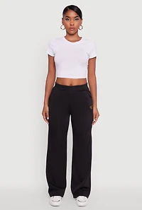 Womens Fleece Lined Metallic Patch Wide Leg Pants, Black,