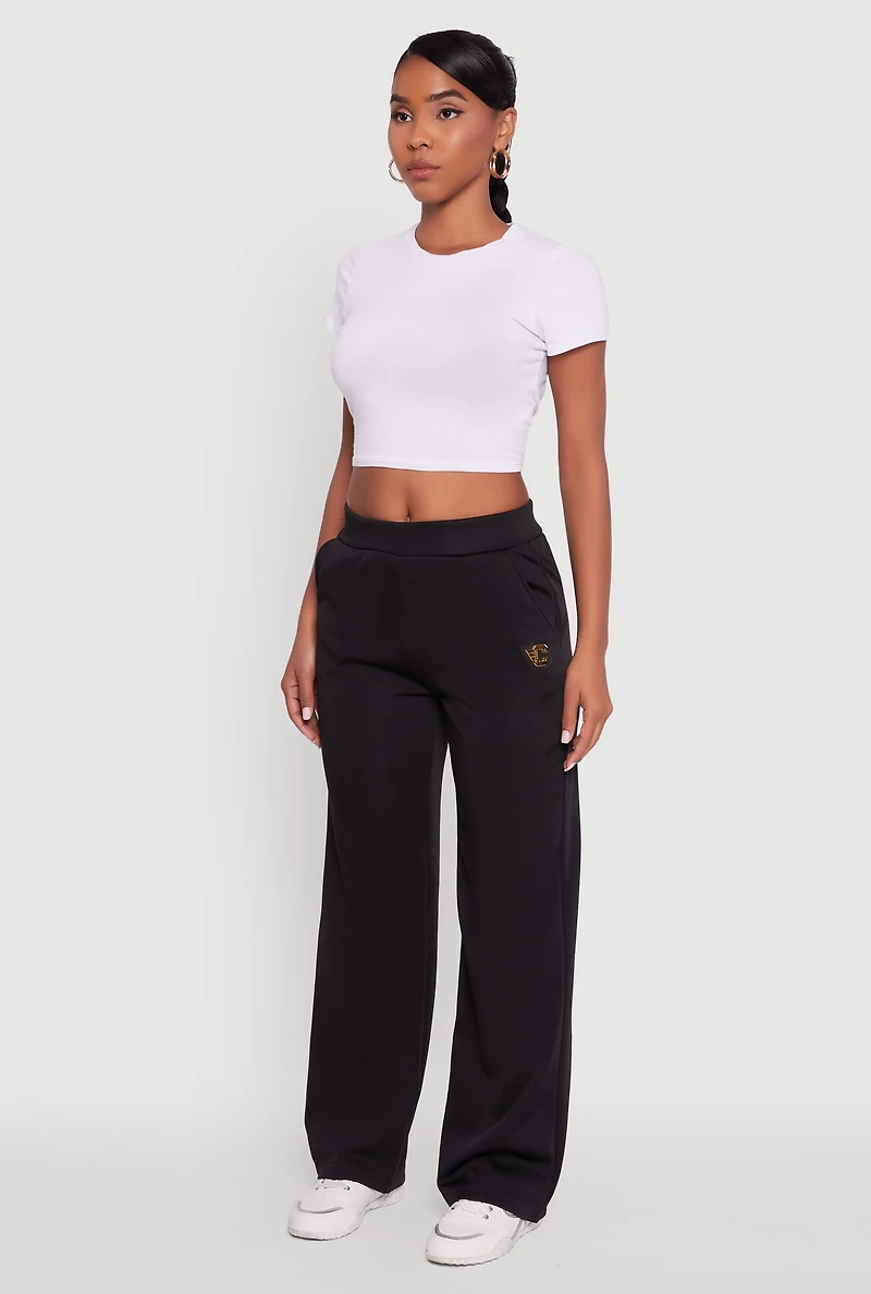Womens Fleece Lined Metallic Patch Wide Leg Pants, Black,