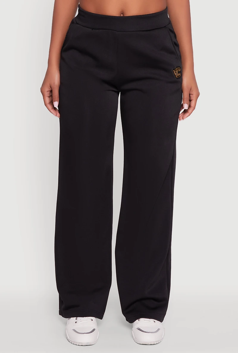 Womens Fleece Lined Metallic Patch Wide Leg Pants, Black,