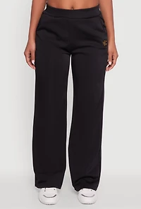 Womens Fleece Lined Metallic Patch Wide Leg Pants, Black,