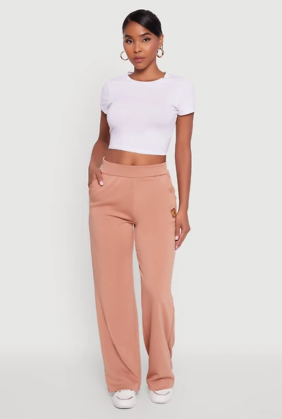 Womens Fleece Lined Metallic Patch Wide Leg Pants, Brown, Size M