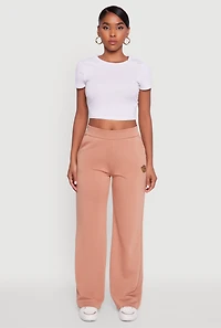 Womens Fleece Lined Metallic Patch Wide Leg Pants, Brown, Size M