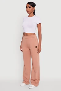Womens Fleece Lined Metallic Patch Wide Leg Pants, Brown, Size M