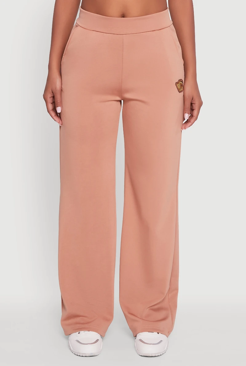 Womens Fleece Lined Metallic Patch Wide Leg Pants, Brown, Size M