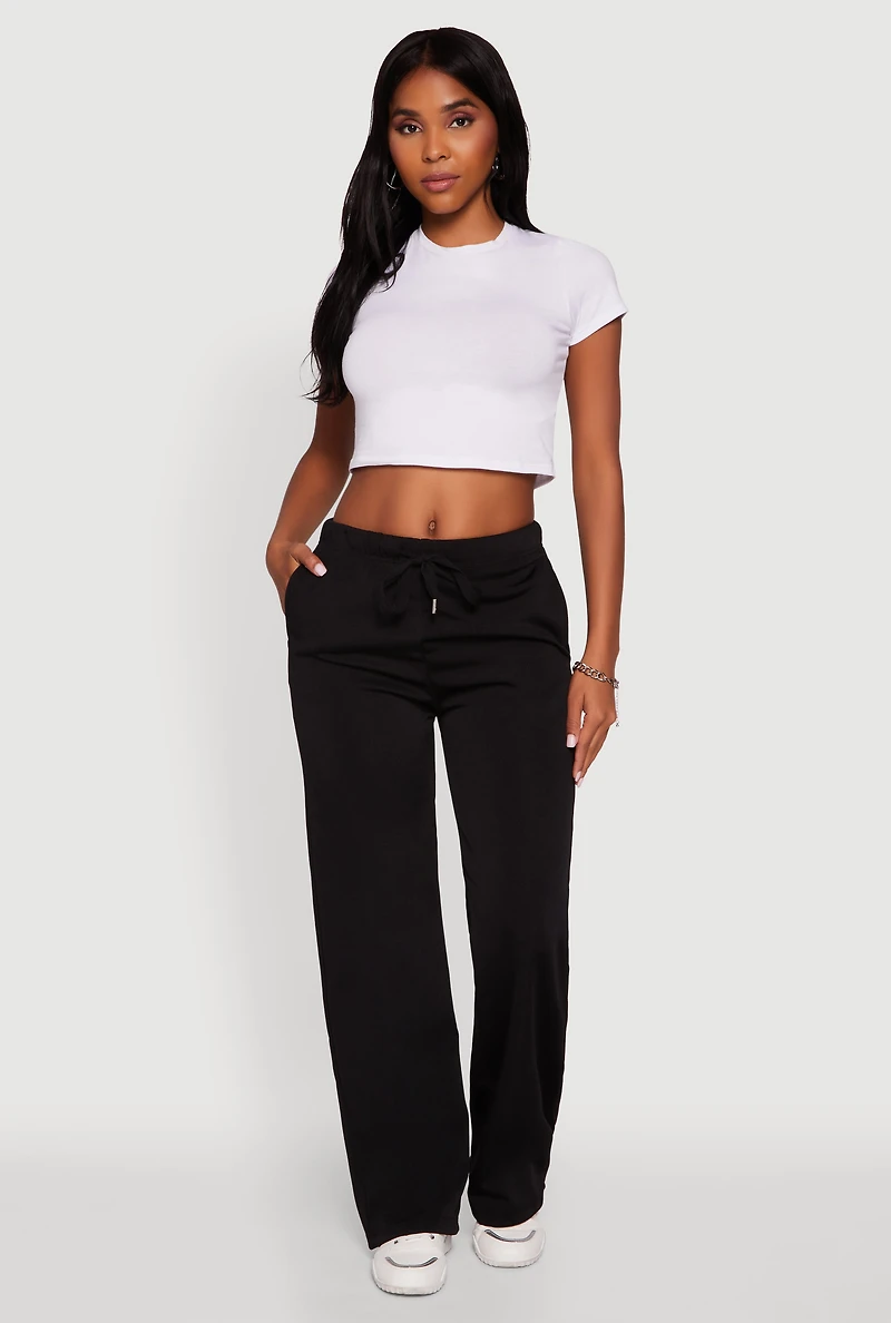 Womens High Waisted Wide Leg Fleece Lined Sweatpants, Black, Size L