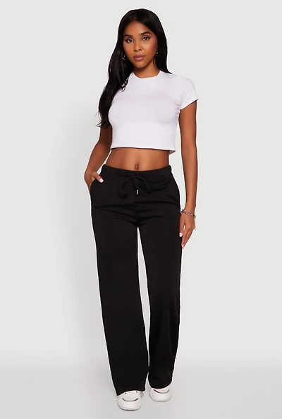 Womens High Waisted Wide Leg Fleece Lined Sweatpants, Black,