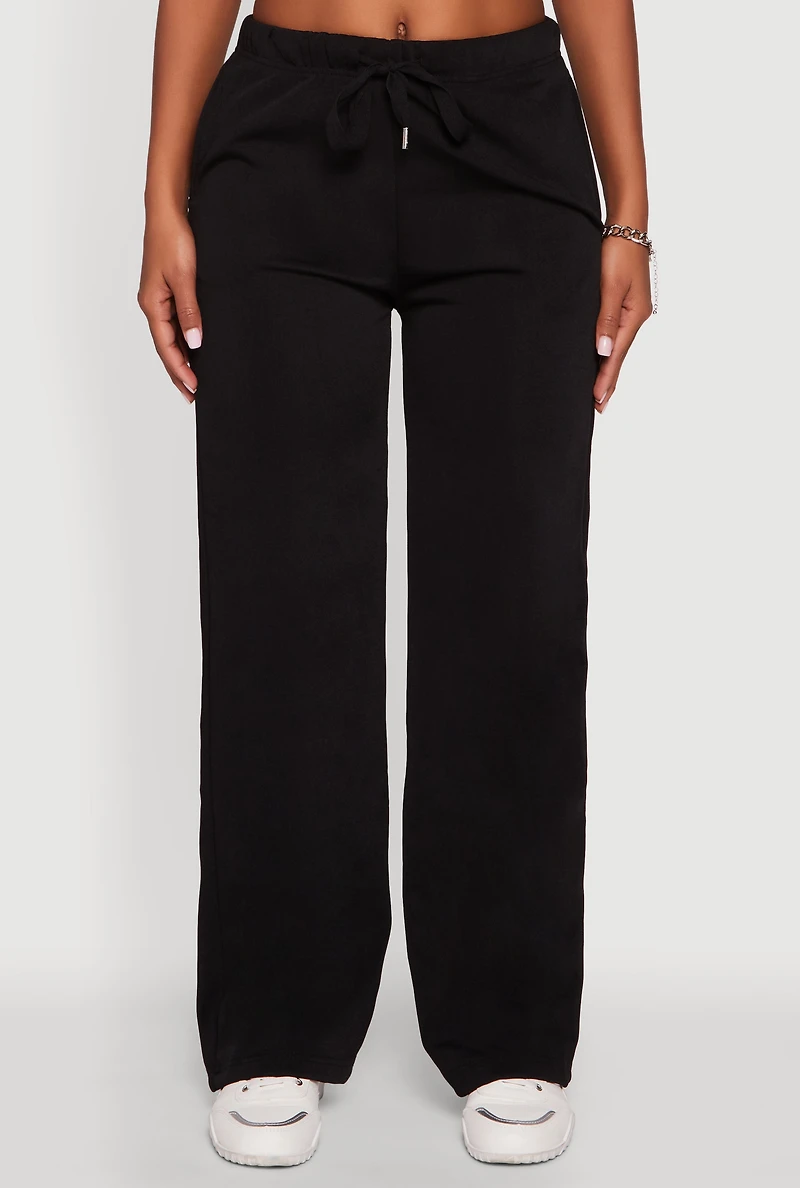 Womens High Waisted Wide Leg Fleece Lined Sweatpants, Black, Size L