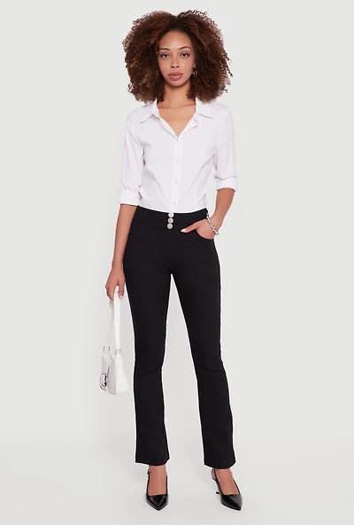 Womens Hyper Stretch Button Detail Skinny Flare Pants, Black, Size L