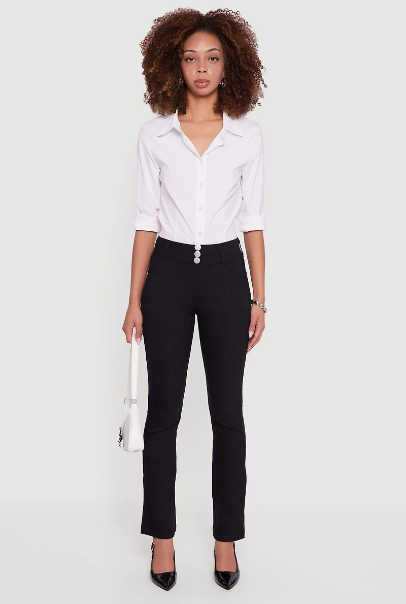 Womens Hyper Stretch Button Detail Skinny Flare Pants, Black, Size L