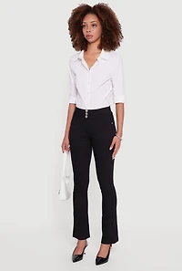 Womens Hyper Stretch Button Detail Skinny Flare Pants, Black, Size L