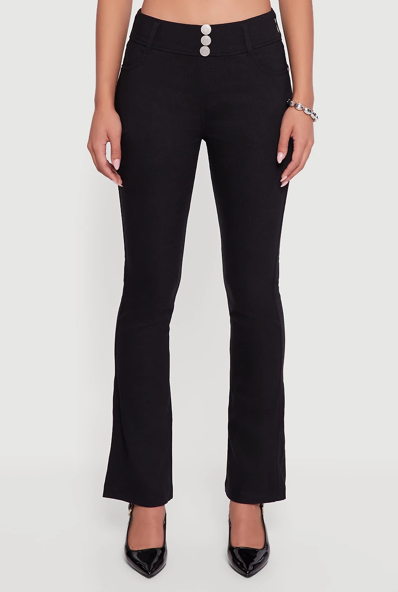 Womens Hyper Stretch Button Detail Skinny Flare Pants, Black, Size L