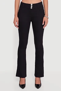 Womens Hyper Stretch Button Detail Skinny Flare Pants, Black, Size L