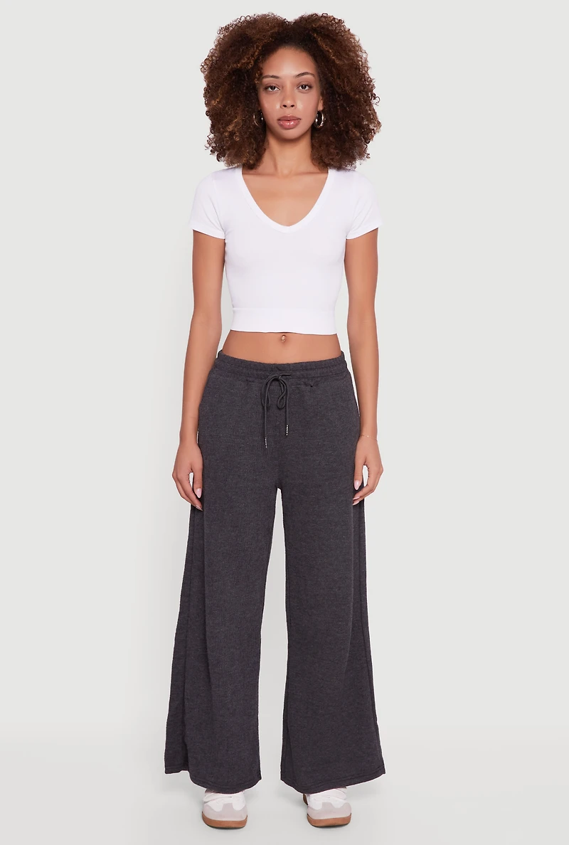 Womens Marled Brushed Rib Knit Wide Leg Sweatpants, Black,