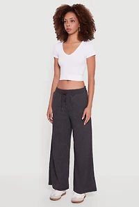 Womens Marled Brushed Rib Knit Wide Leg Sweatpants, Black,