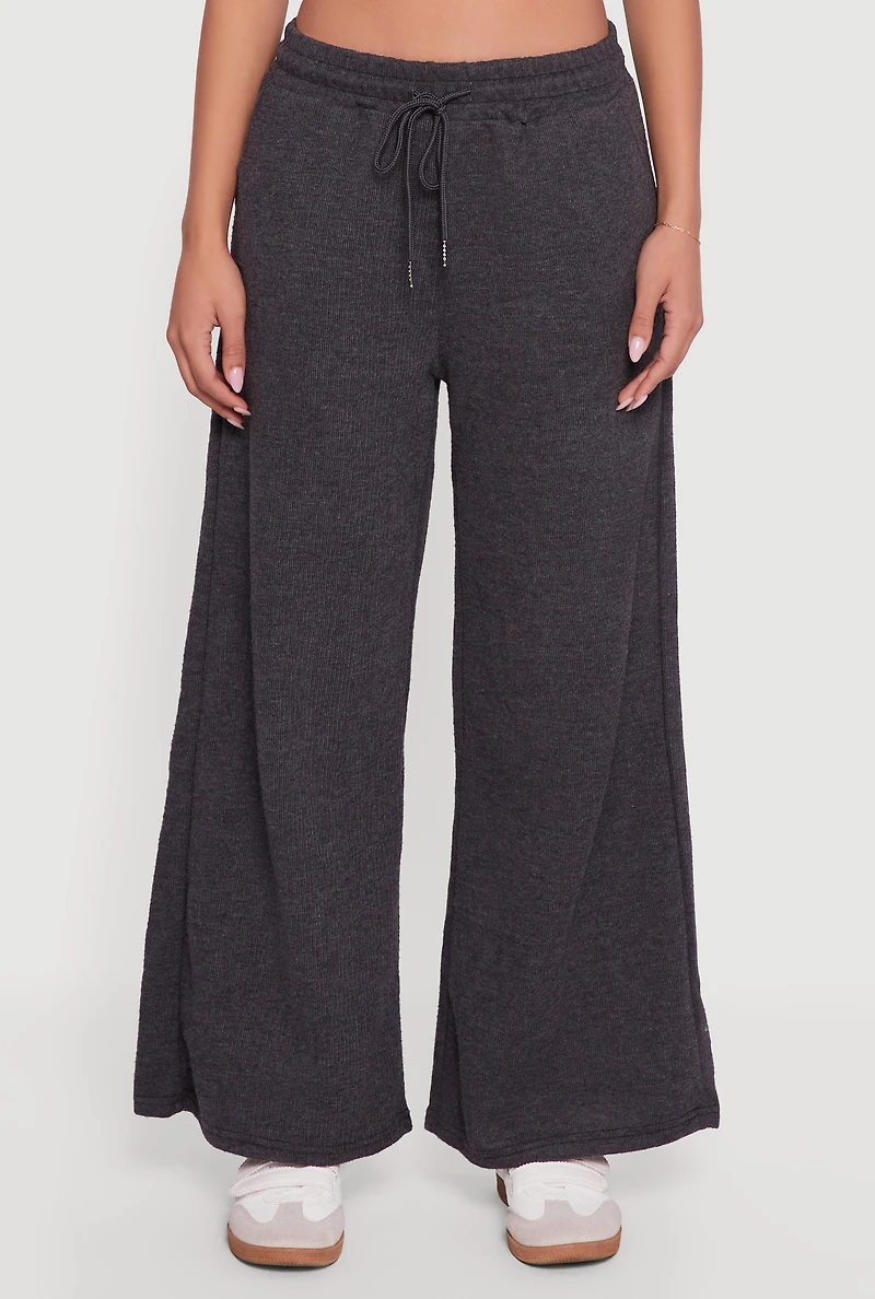 Womens Marled Brushed Rib Knit Wide Leg Sweatpants, Black,