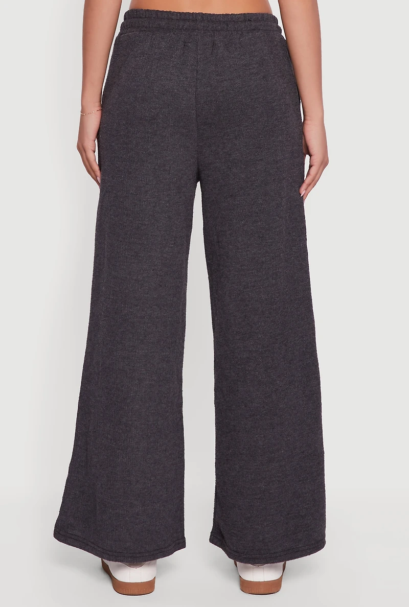 Womens Marled Brushed Rib Knit Wide Leg Sweatpants, Black,