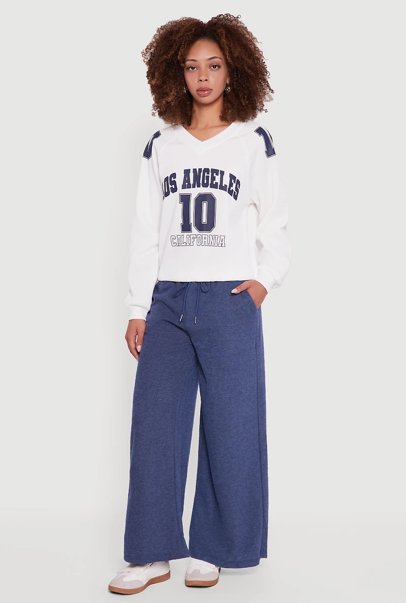 Womens Marled Brushed Rib Knit Wide Leg Sweatpants, Blue,