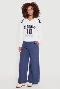 Womens Marled Brushed Rib Knit Wide Leg Sweatpants, Blue,