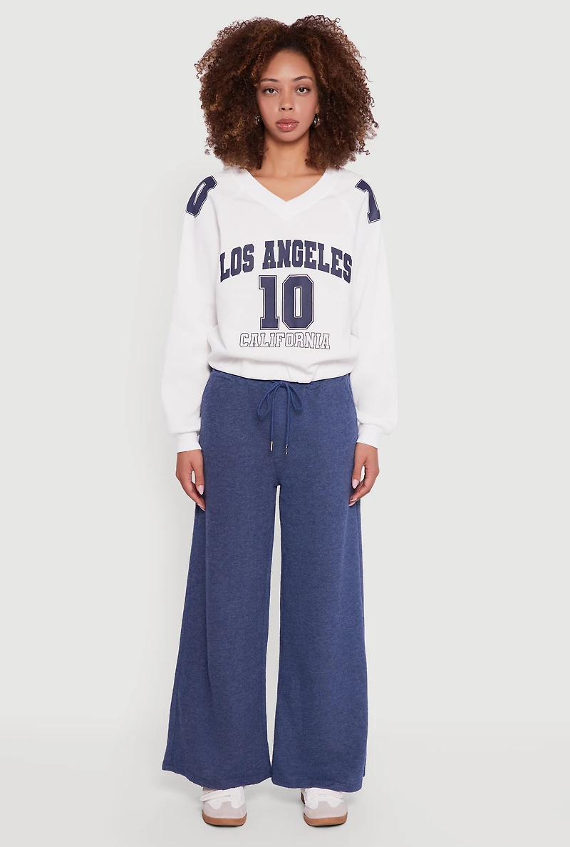 Womens Marled Brushed Rib Knit Wide Leg Sweatpants, Blue,