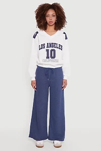 Womens Marled Brushed Rib Knit Wide Leg Sweatpants, Blue,