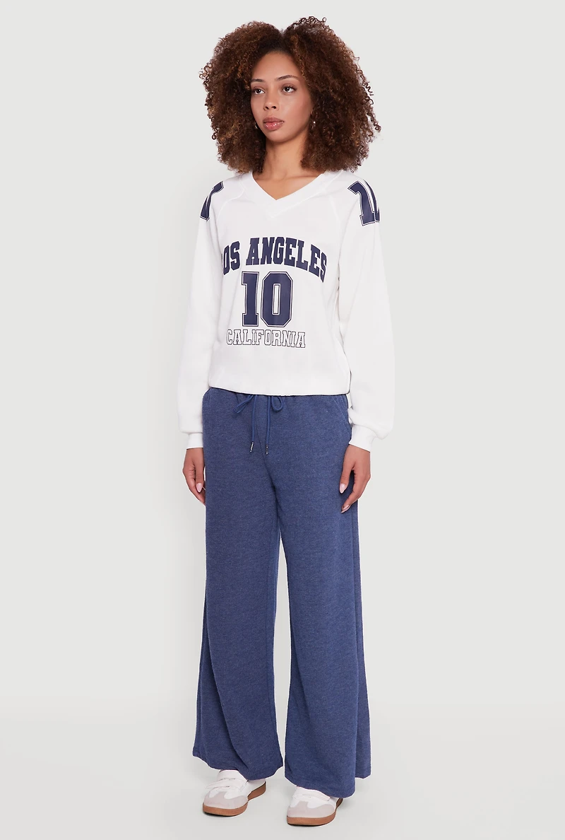Womens Marled Brushed Rib Knit Wide Leg Sweatpants, Blue,