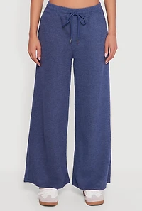Womens Marled Brushed Rib Knit Wide Leg Sweatpants, Blue,