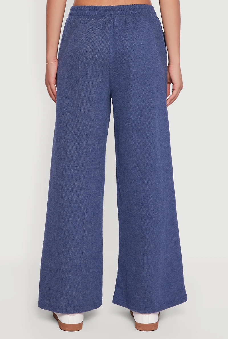 Womens Marled Brushed Rib Knit Wide Leg Sweatpants, Blue,
