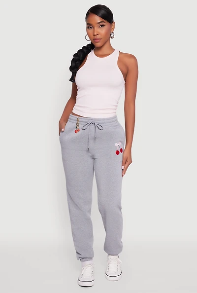 Womens Drawstring High Waisted Embroidered Graphic Sweatpants, Grey, Size S